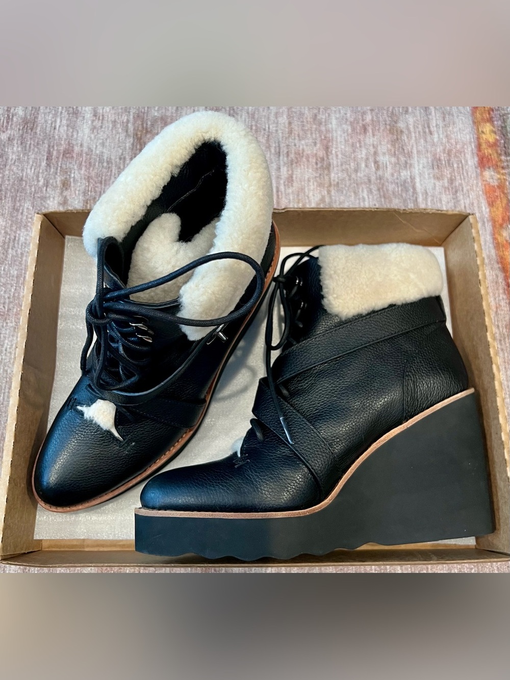 Coach “Kenna” Black Shearling -Lined Wedge Ankle Boots